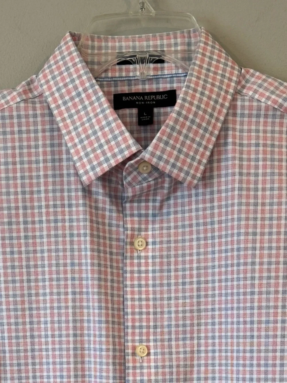 Banana Republic Dress Shirt Grant Fit Non Iron Mens Large Pink Blue Check